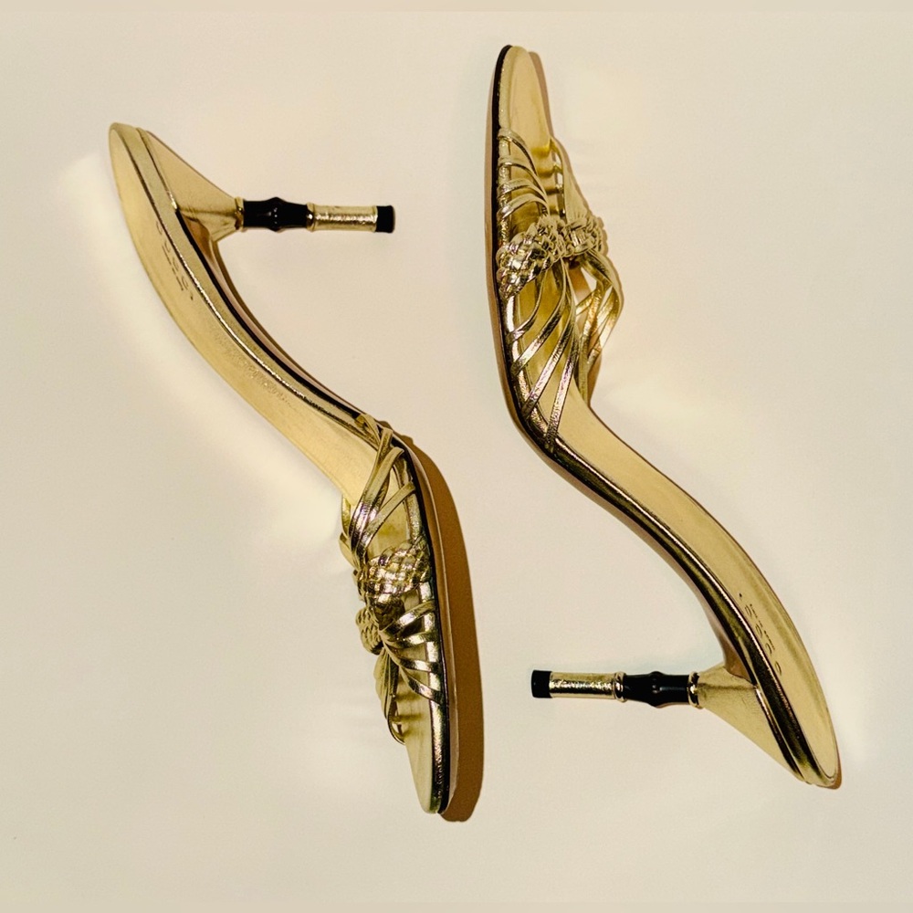 Gucci Metallic Gold Braided Strap Mule Heels Made in Italy w/ Box Size 9.5 - Picture 3 of 10